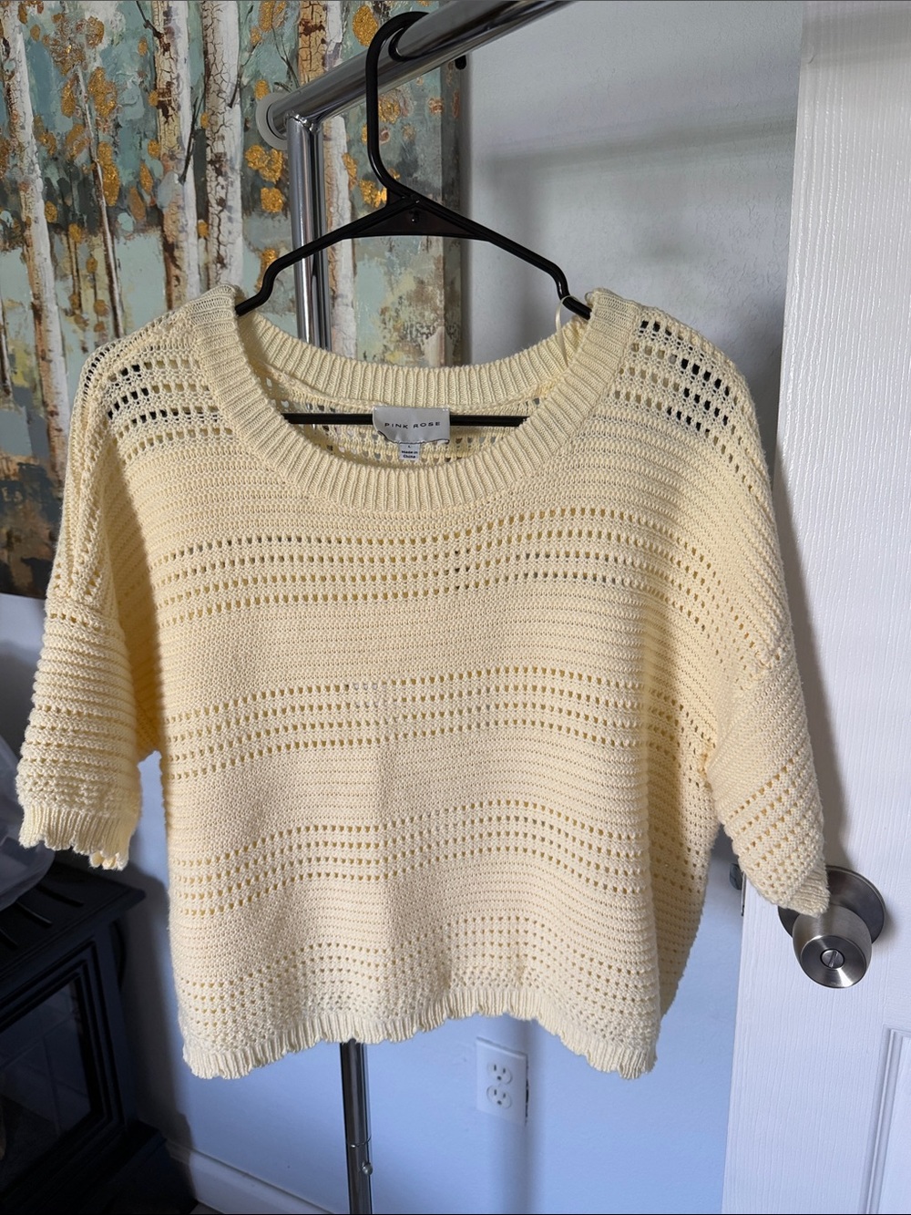 Pink Rose Cream Open-Knit Short Sleeve Crewneck Sweater